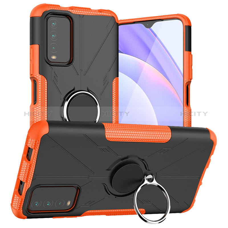 Silikon Hülle Handyhülle und Kunststoff Schutzhülle Hartschalen Tasche mit Magnetisch Fingerring Ständer JX1 für Xiaomi Redmi 9 Power Orange