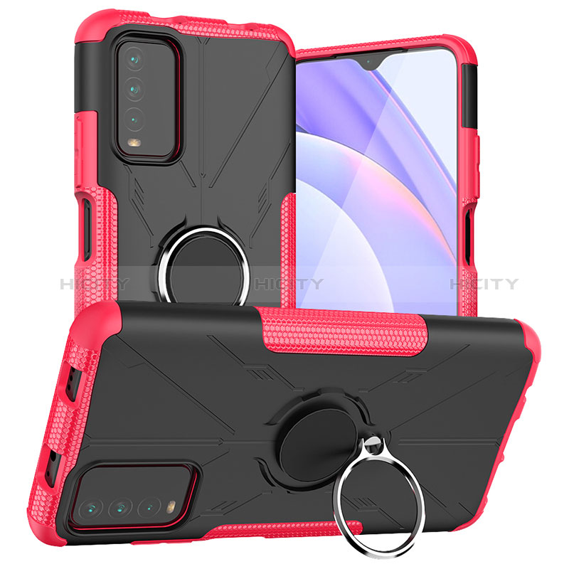 Silikon Hülle Handyhülle und Kunststoff Schutzhülle Hartschalen Tasche mit Magnetisch Fingerring Ständer JX1 für Xiaomi Redmi 9 Power Pink