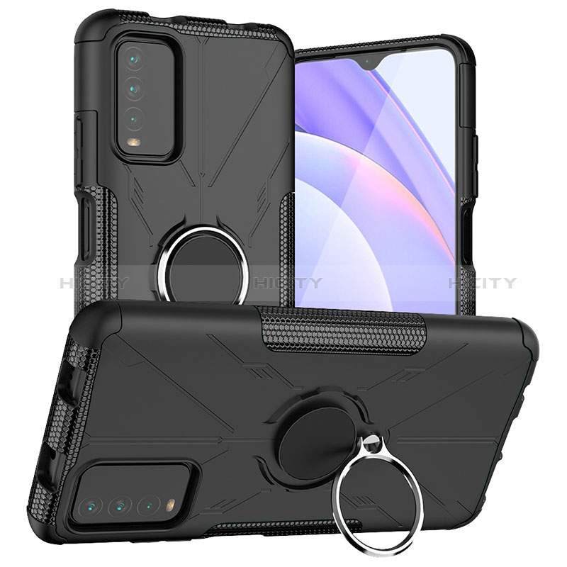 Silikon Hülle Handyhülle und Kunststoff Schutzhülle Hartschalen Tasche mit Magnetisch Fingerring Ständer JX1 für Xiaomi Redmi 9 Power Schwarz