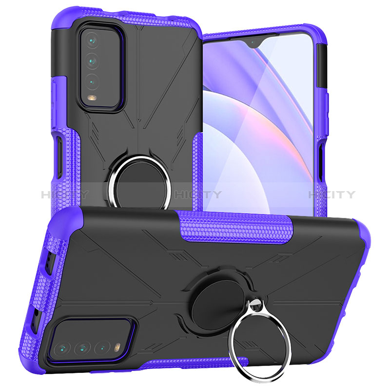 Silikon Hülle Handyhülle und Kunststoff Schutzhülle Hartschalen Tasche mit Magnetisch Fingerring Ständer JX1 für Xiaomi Redmi 9 Power Violett