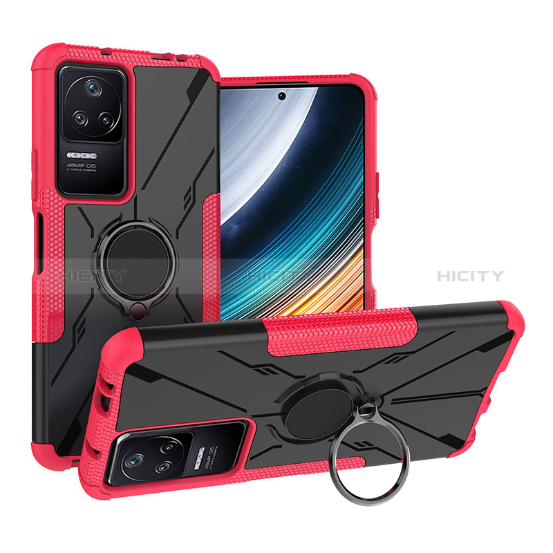 Silikon Hülle Handyhülle und Kunststoff Schutzhülle Hartschalen Tasche mit Magnetisch Fingerring Ständer JX1 für Xiaomi Redmi K40S 5G Pink Plus