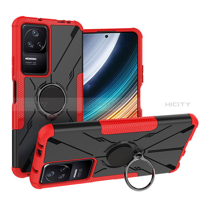 Silikon Hülle Handyhülle und Kunststoff Schutzhülle Hartschalen Tasche mit Magnetisch Fingerring Ständer JX1 für Xiaomi Redmi K40S 5G Rot