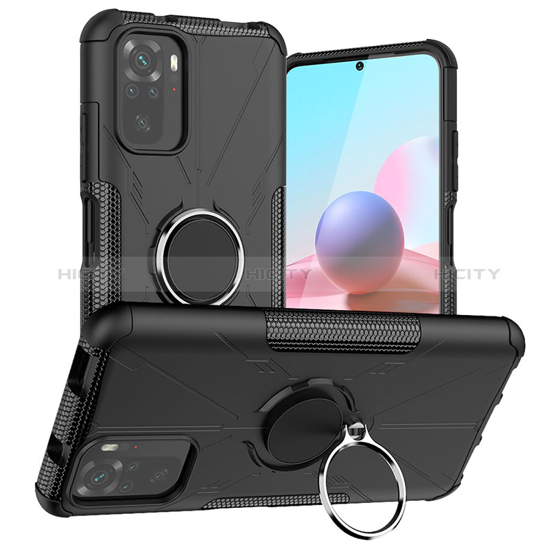 Silikon Hülle Handyhülle und Kunststoff Schutzhülle Hartschalen Tasche mit Magnetisch Fingerring Ständer JX1 für Xiaomi Redmi Note 10 4G Schwarz