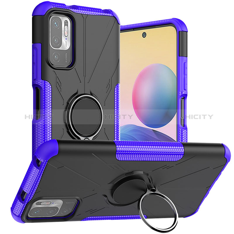 Silikon Hülle Handyhülle und Kunststoff Schutzhülle Hartschalen Tasche mit Magnetisch Fingerring Ständer JX1 für Xiaomi Redmi Note 10 5G Violett Plus