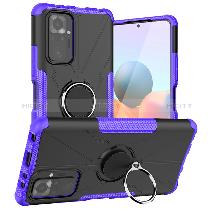 Silikon Hülle Handyhülle und Kunststoff Schutzhülle Hartschalen Tasche mit Magnetisch Fingerring Ständer JX1 für Xiaomi Redmi Note 10 Pro 4G Violett