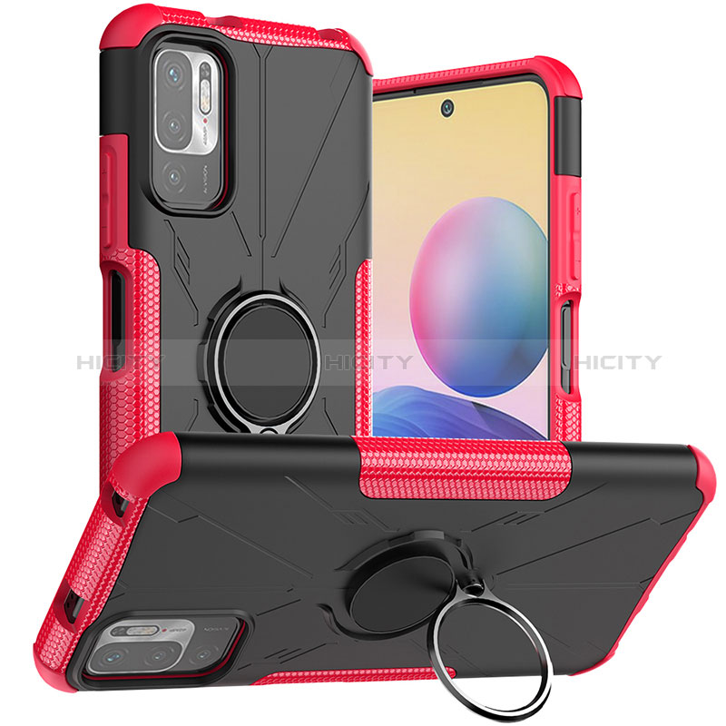 Silikon Hülle Handyhülle und Kunststoff Schutzhülle Hartschalen Tasche mit Magnetisch Fingerring Ständer JX1 für Xiaomi Redmi Note 10T 5G Pink