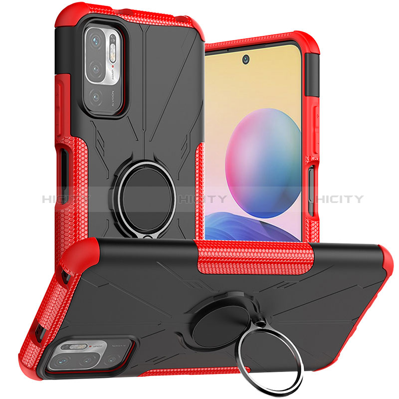 Silikon Hülle Handyhülle und Kunststoff Schutzhülle Hartschalen Tasche mit Magnetisch Fingerring Ständer JX1 für Xiaomi Redmi Note 10T 5G Rot Plus