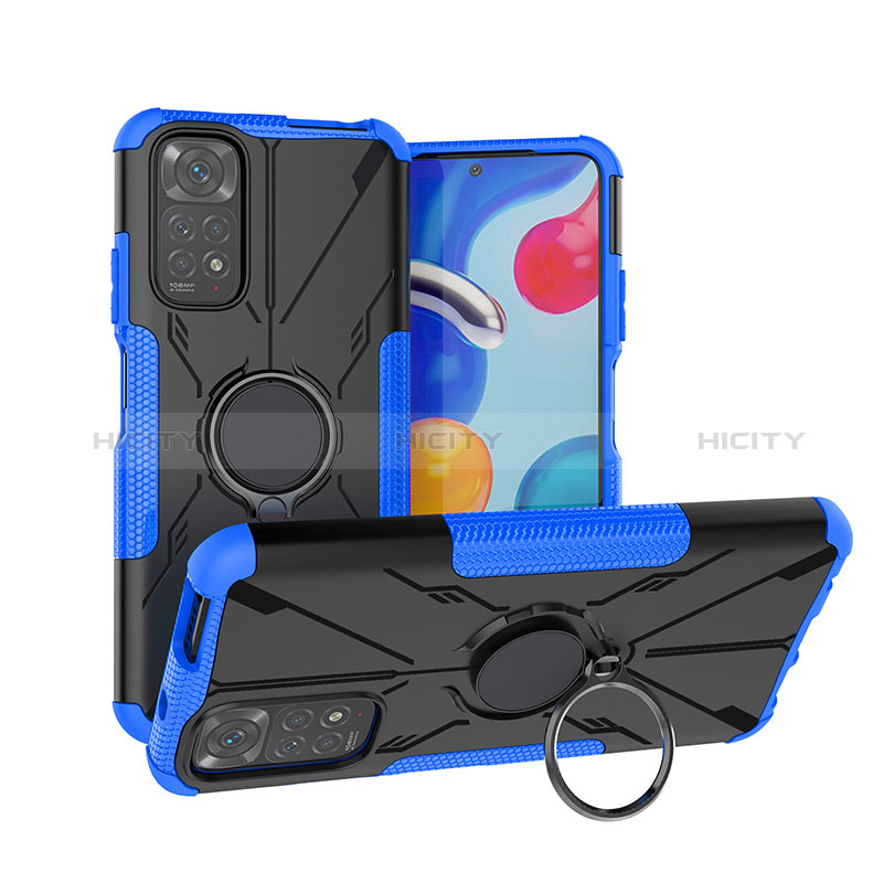 Silikon Hülle Handyhülle und Kunststoff Schutzhülle Hartschalen Tasche mit Magnetisch Fingerring Ständer JX1 für Xiaomi Redmi Note 11 4G (2022) Blau