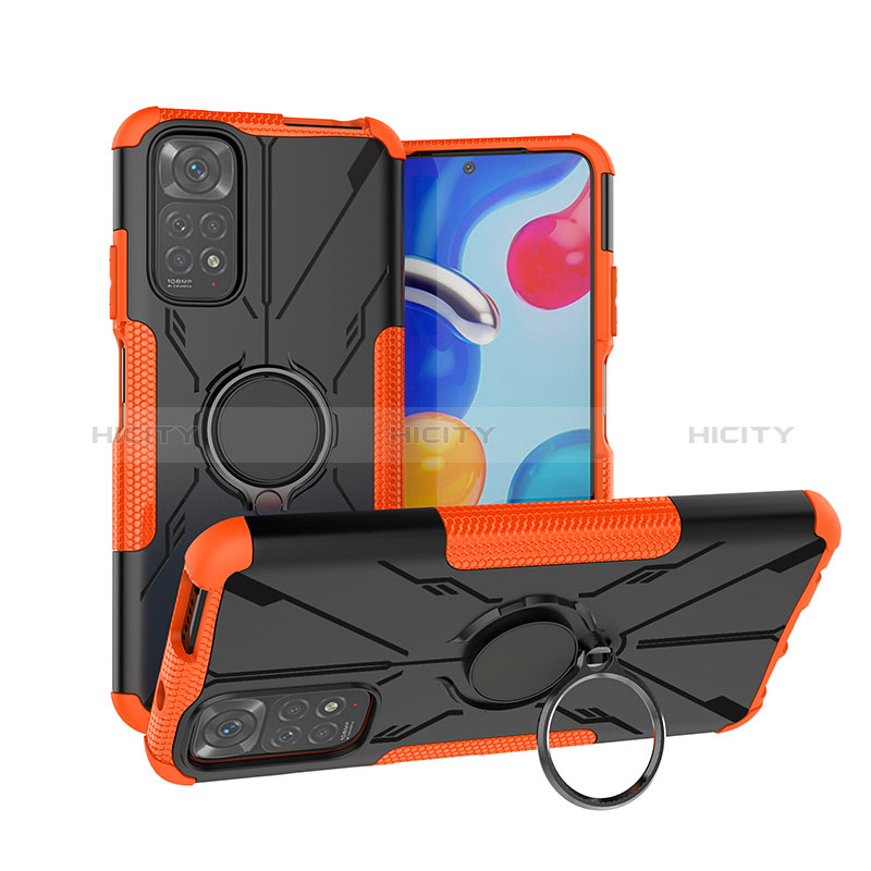 Silikon Hülle Handyhülle und Kunststoff Schutzhülle Hartschalen Tasche mit Magnetisch Fingerring Ständer JX1 für Xiaomi Redmi Note 11 4G (2022) Orange Plus