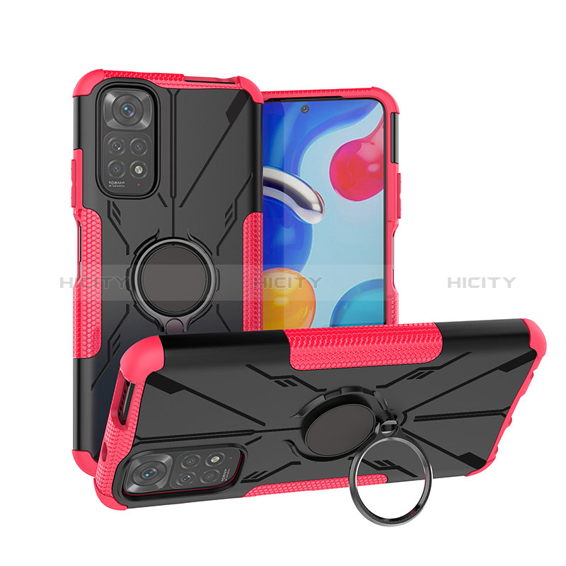 Silikon Hülle Handyhülle und Kunststoff Schutzhülle Hartschalen Tasche mit Magnetisch Fingerring Ständer JX1 für Xiaomi Redmi Note 11 4G (2022) Pink Plus