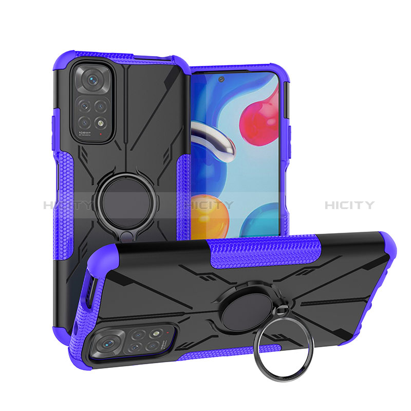 Silikon Hülle Handyhülle und Kunststoff Schutzhülle Hartschalen Tasche mit Magnetisch Fingerring Ständer JX1 für Xiaomi Redmi Note 11 4G (2022) Violett