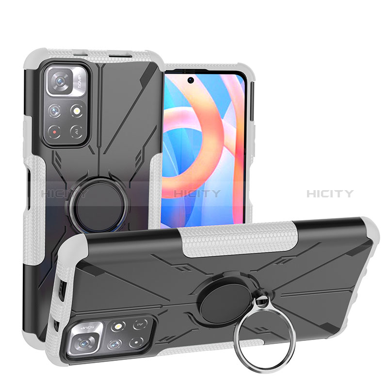 Silikon Hülle Handyhülle und Kunststoff Schutzhülle Hartschalen Tasche mit Magnetisch Fingerring Ständer JX1 für Xiaomi Redmi Note 11 5G Silber