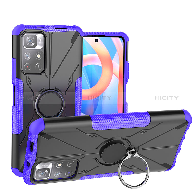 Silikon Hülle Handyhülle und Kunststoff Schutzhülle Hartschalen Tasche mit Magnetisch Fingerring Ständer JX1 für Xiaomi Redmi Note 11 5G Violett