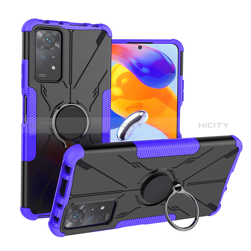 Silikon Hülle Handyhülle und Kunststoff Schutzhülle Hartschalen Tasche mit Magnetisch Fingerring Ständer JX1 für Xiaomi Redmi Note 11 Pro 4G Violett Plus