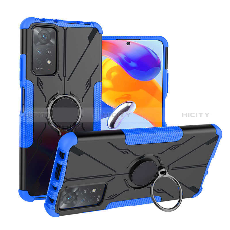 Silikon Hülle Handyhülle und Kunststoff Schutzhülle Hartschalen Tasche mit Magnetisch Fingerring Ständer JX1 für Xiaomi Redmi Note 11 Pro 5G Blau Plus