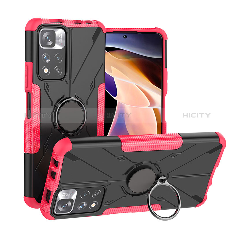 Silikon Hülle Handyhülle und Kunststoff Schutzhülle Hartschalen Tasche mit Magnetisch Fingerring Ständer JX1 für Xiaomi Redmi Note 11 Pro+ Plus 5G Pink Plus