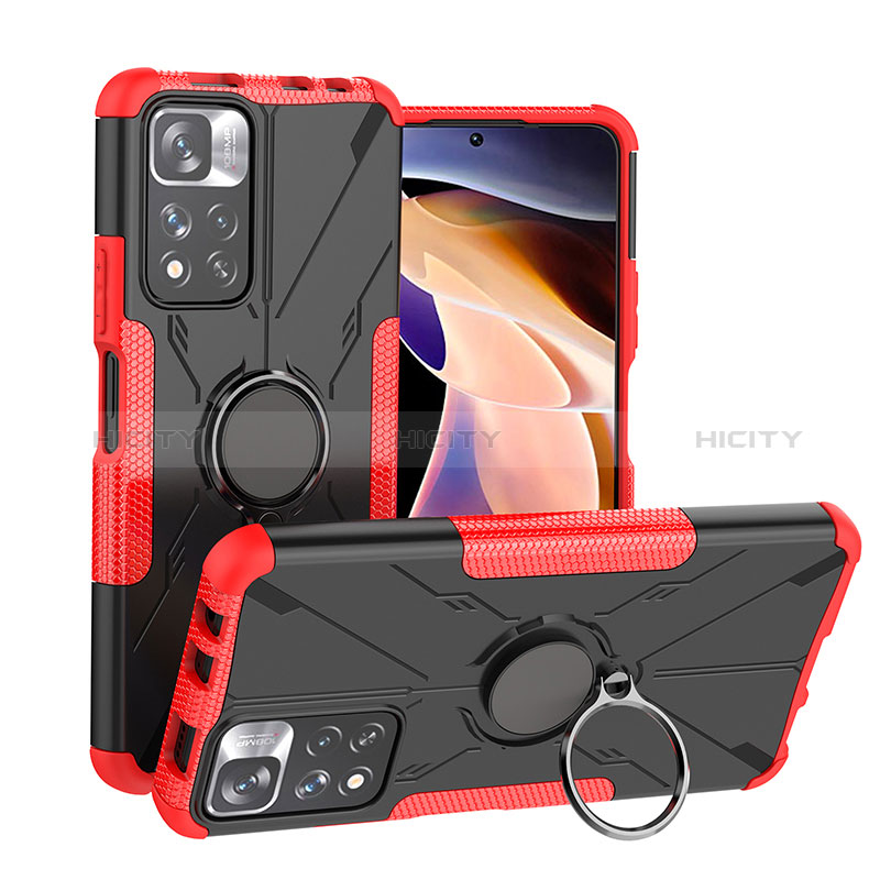 Silikon Hülle Handyhülle und Kunststoff Schutzhülle Hartschalen Tasche mit Magnetisch Fingerring Ständer JX1 für Xiaomi Redmi Note 11 Pro+ Plus 5G Rot Plus