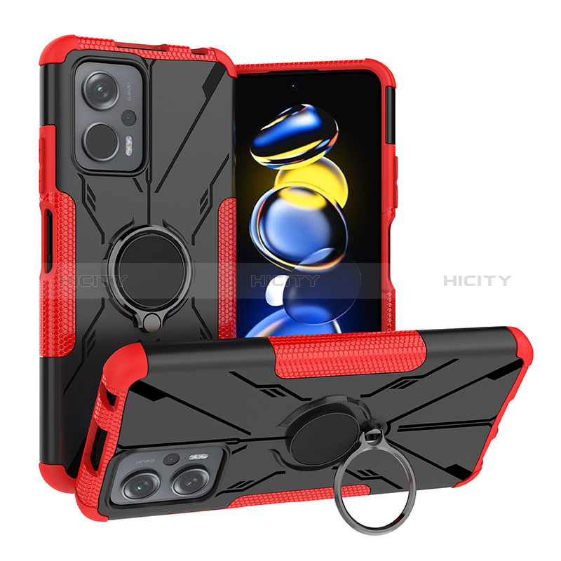 Silikon Hülle Handyhülle und Kunststoff Schutzhülle Hartschalen Tasche mit Magnetisch Fingerring Ständer JX1 für Xiaomi Redmi Note 11T Pro 5G Rot Plus