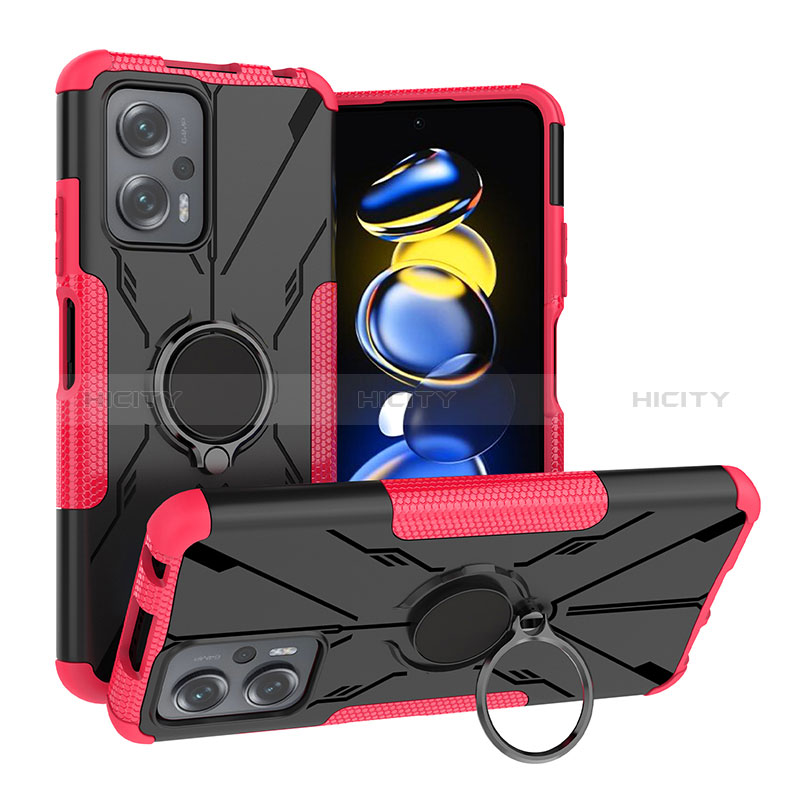 Silikon Hülle Handyhülle und Kunststoff Schutzhülle Hartschalen Tasche mit Magnetisch Fingerring Ständer JX1 für Xiaomi Redmi Note 11T Pro+ Plus 5G Pink