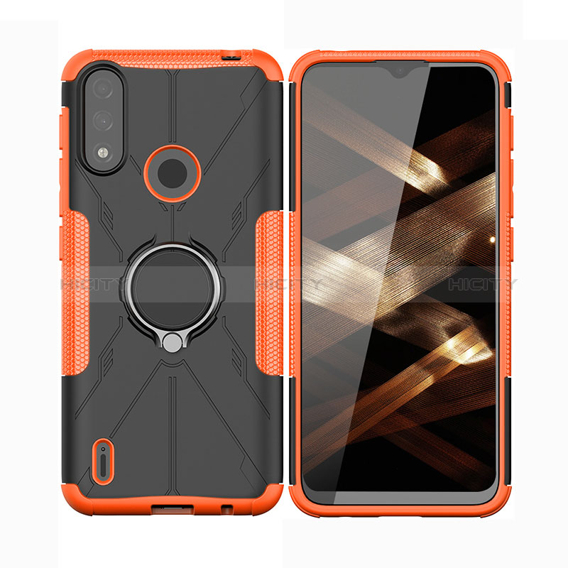 Silikon Hülle Handyhülle und Kunststoff Schutzhülle Hartschalen Tasche mit Magnetisch Fingerring Ständer JX2 für Motorola Moto E7 Power Orange