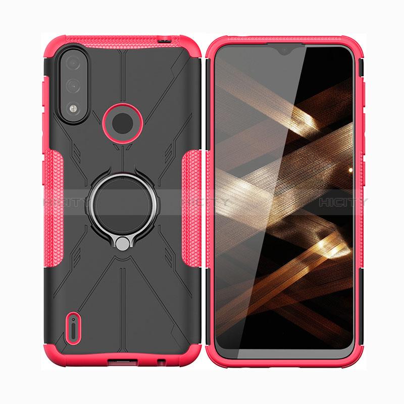 Silikon Hülle Handyhülle und Kunststoff Schutzhülle Hartschalen Tasche mit Magnetisch Fingerring Ständer JX2 für Motorola Moto E7 Power Pink