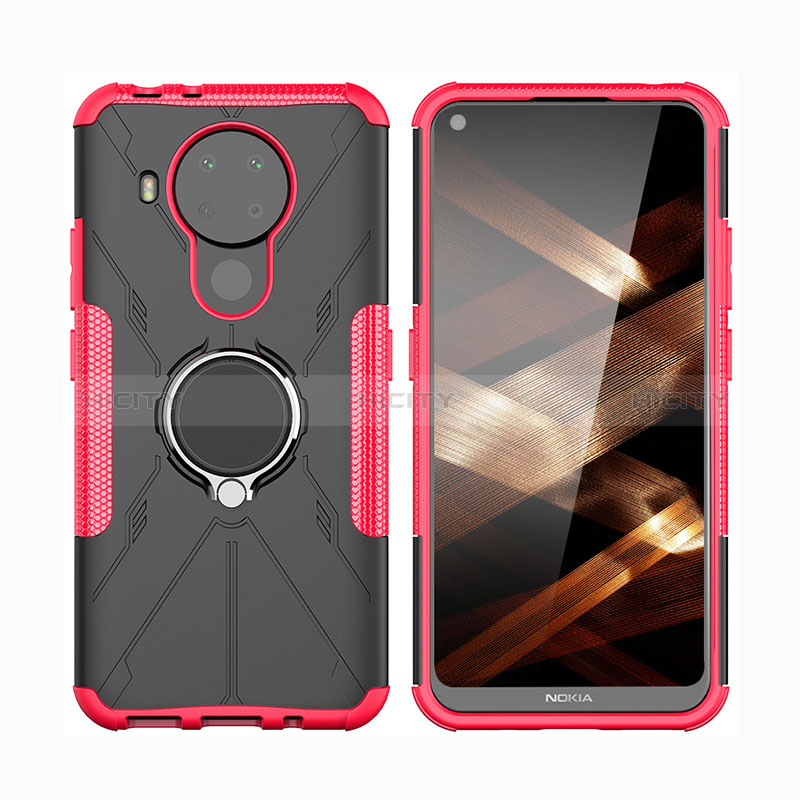 Silikon Hülle Handyhülle und Kunststoff Schutzhülle Hartschalen Tasche mit Magnetisch Fingerring Ständer JX2 für Nokia 5.4 Pink Plus