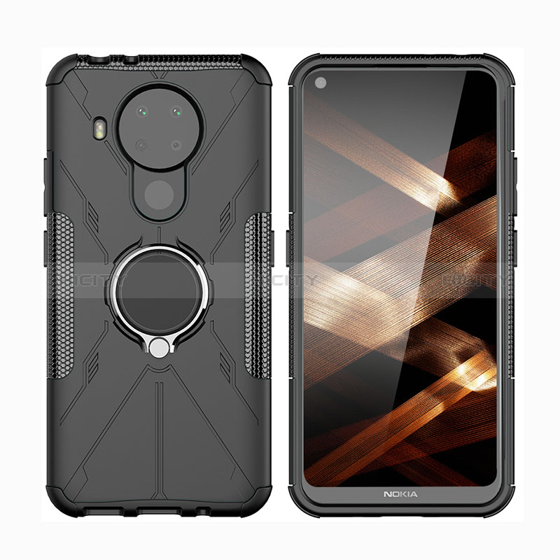 Silikon Hülle Handyhülle und Kunststoff Schutzhülle Hartschalen Tasche mit Magnetisch Fingerring Ständer JX2 für Nokia 5.4 Schwarz Plus