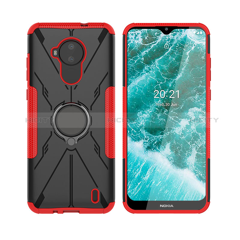 Silikon Hülle Handyhülle und Kunststoff Schutzhülle Hartschalen Tasche mit Magnetisch Fingerring Ständer JX2 für Nokia C30 Rot