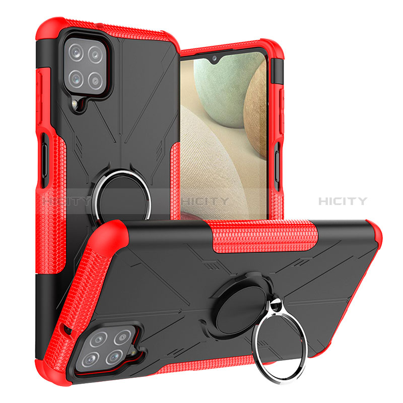 Silikon Hülle Handyhülle und Kunststoff Schutzhülle Hartschalen Tasche mit Magnetisch Fingerring Ständer JX2 für Samsung Galaxy A12 Rot