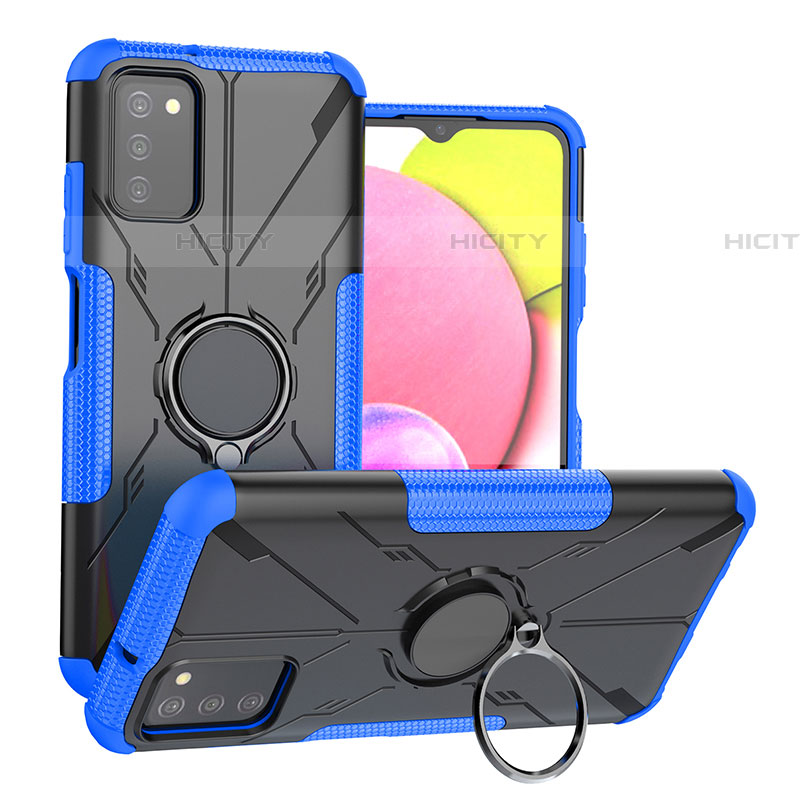 Silikon Hülle Handyhülle und Kunststoff Schutzhülle Hartschalen Tasche mit Magnetisch Fingerring Ständer JX3 für Samsung Galaxy A03s Blau