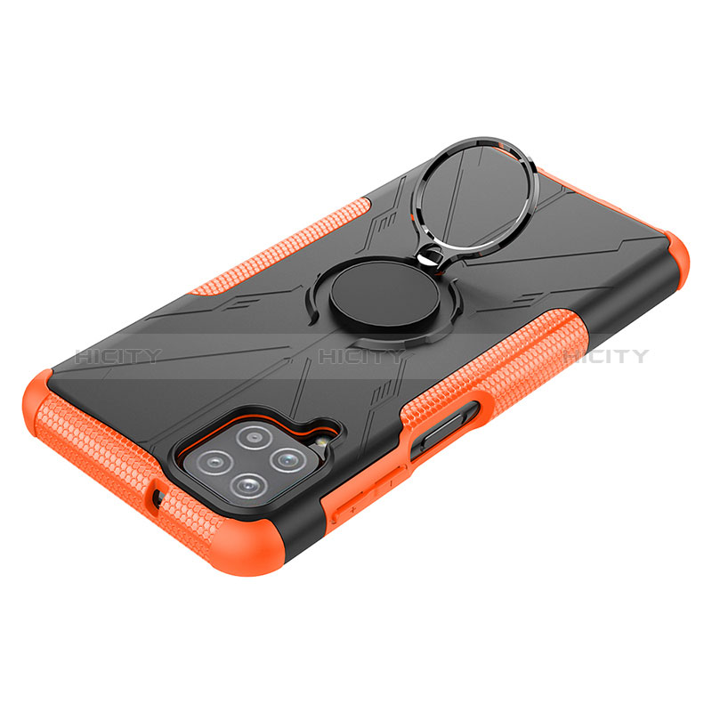 Silikon Hülle Handyhülle und Kunststoff Schutzhülle Hartschalen Tasche mit Magnetisch Fingerring Ständer JX3 für Samsung Galaxy A12 Nacho Orange