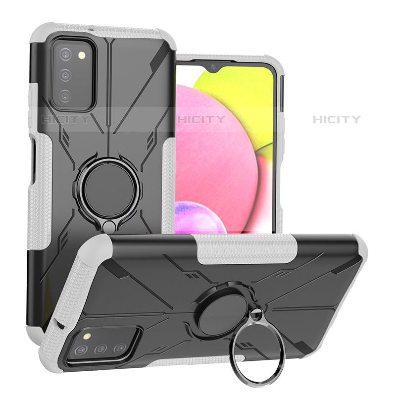 Silikon Hülle Handyhülle und Kunststoff Schutzhülle Hartschalen Tasche mit Magnetisch Fingerring Ständer JX3 für Samsung Galaxy M02s Silber Plus