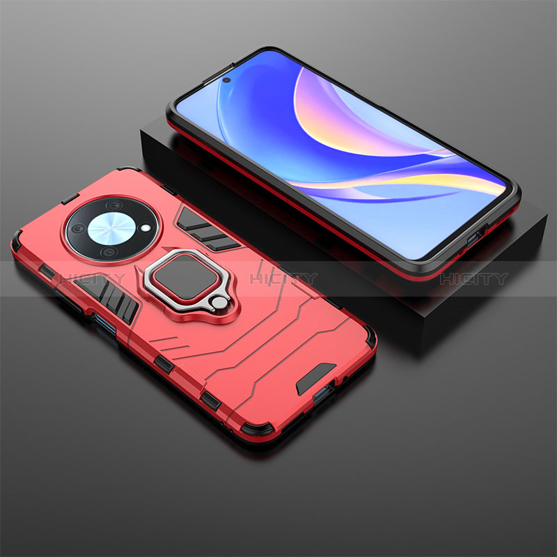 Silikon Hülle Handyhülle und Kunststoff Schutzhülle Hartschalen Tasche mit Magnetisch Fingerring Ständer KC1 für Huawei Nova Y90 Rot