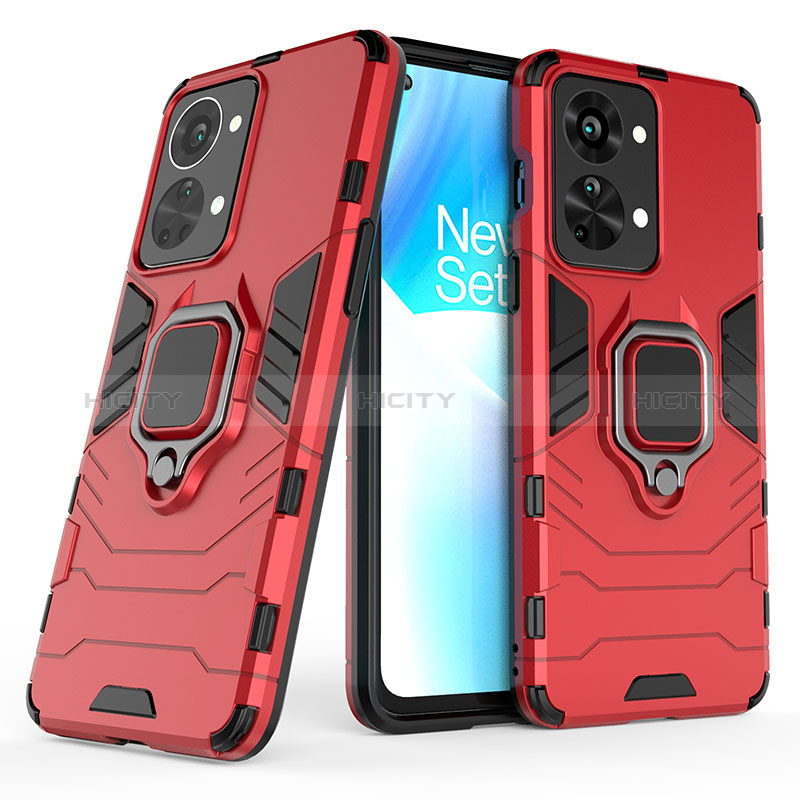 Silikon Hülle Handyhülle und Kunststoff Schutzhülle Hartschalen Tasche mit Magnetisch Fingerring Ständer KC1 für OnePlus Nord 2T 5G Rot