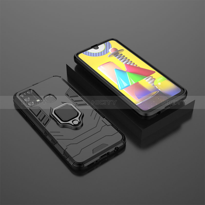 Silikon Hülle Handyhülle und Kunststoff Schutzhülle Hartschalen Tasche mit Magnetisch Fingerring Ständer KC1 für Samsung Galaxy M31 Prime Edition Schwarz Plus