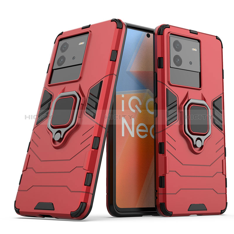Silikon Hülle Handyhülle und Kunststoff Schutzhülle Hartschalen Tasche mit Magnetisch Fingerring Ständer KC1 für Vivo iQOO Neo6 5G Rot