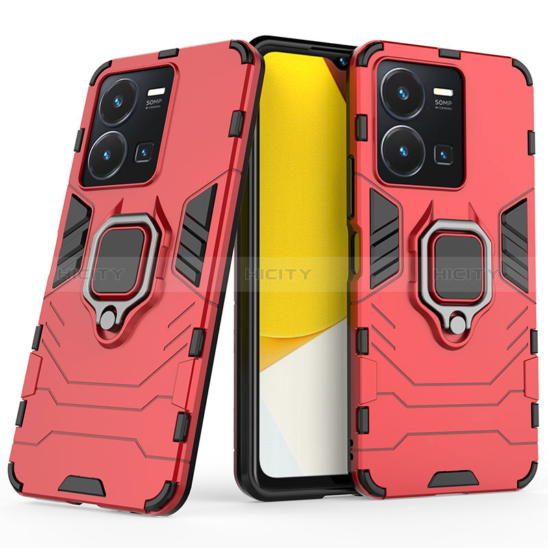 Silikon Hülle Handyhülle und Kunststoff Schutzhülle Hartschalen Tasche mit Magnetisch Fingerring Ständer KC1 für Vivo Y35 4G Rot
