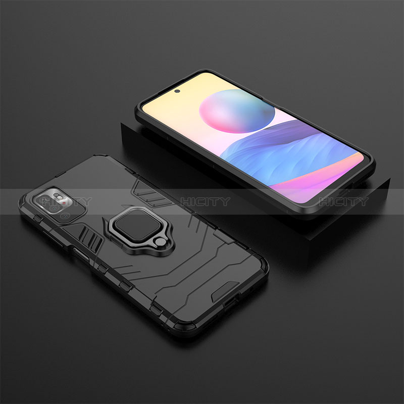 Silikon Hülle Handyhülle und Kunststoff Schutzhülle Hartschalen Tasche mit Magnetisch Fingerring Ständer KC1 für Xiaomi POCO M3 Pro 5G Schwarz Plus