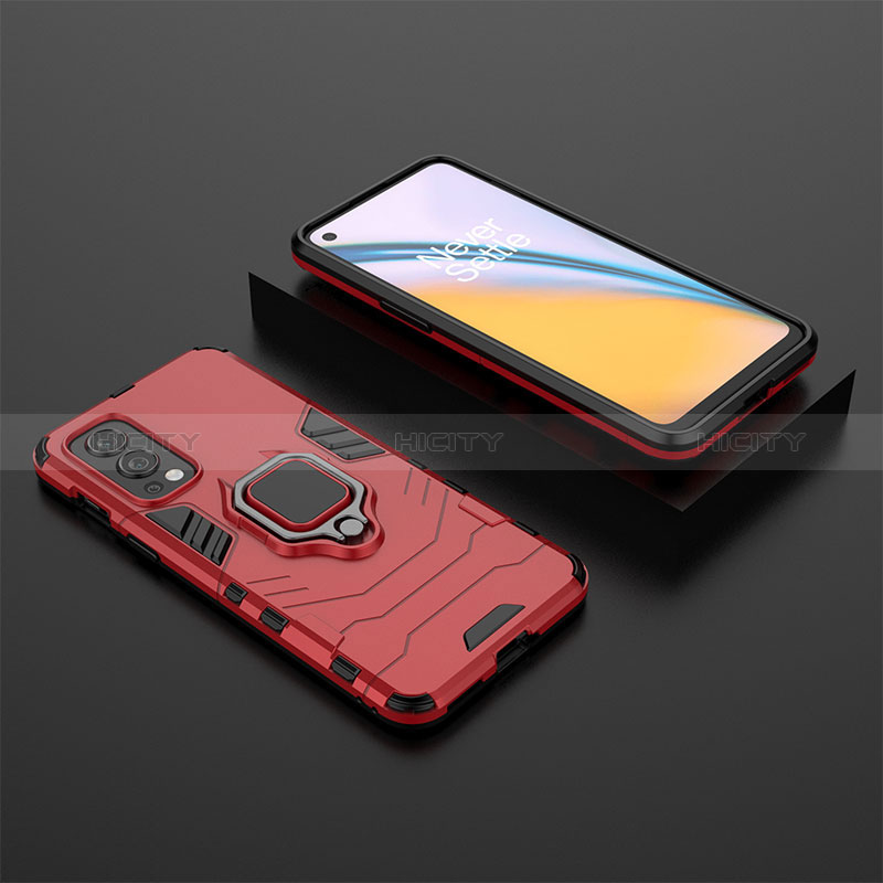 Silikon Hülle Handyhülle und Kunststoff Schutzhülle Hartschalen Tasche mit Magnetisch Fingerring Ständer KC2 für OnePlus Nord 2 5G Rot