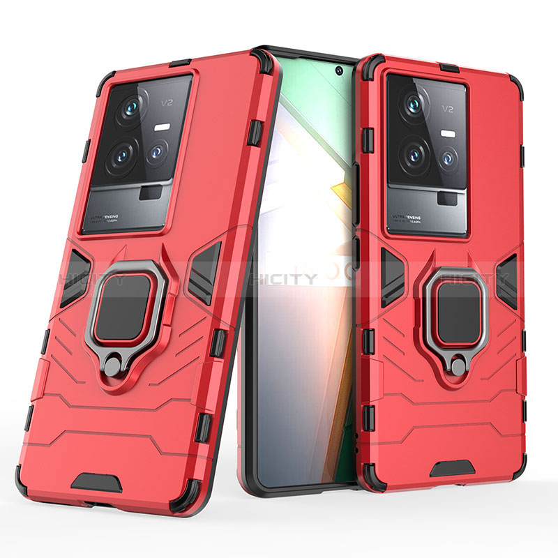 Silikon Hülle Handyhülle und Kunststoff Schutzhülle Hartschalen Tasche mit Magnetisch Fingerring Ständer KC2 für Vivo iQOO 11 5G Rot
