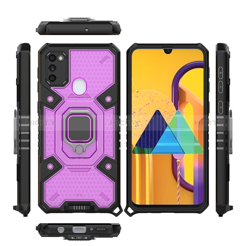 Silikon Hülle Handyhülle und Kunststoff Schutzhülle Hartschalen Tasche mit Magnetisch Fingerring Ständer KC3 für Samsung Galaxy M21 Violett