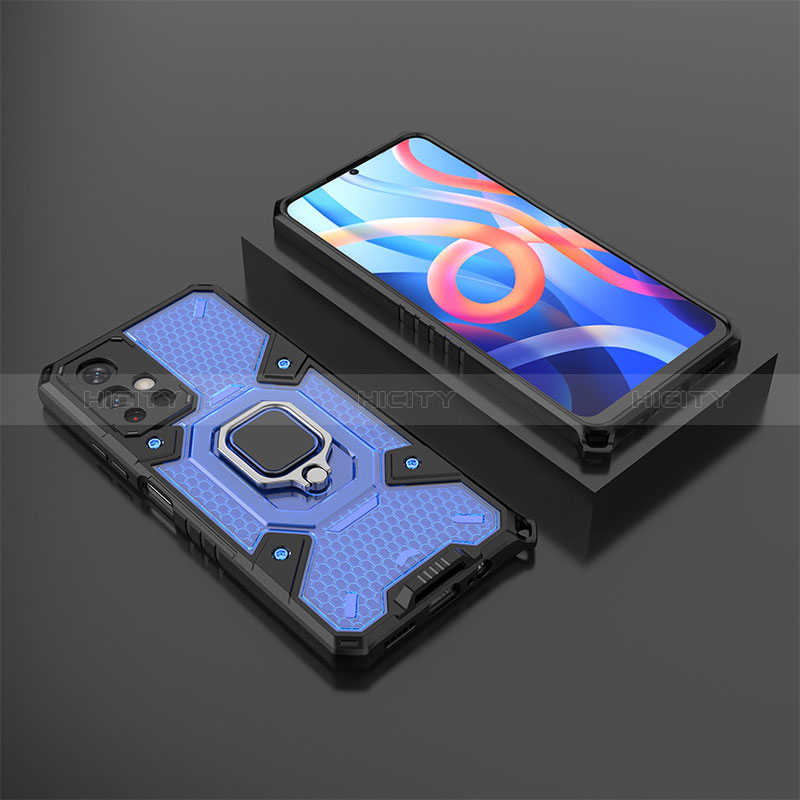 Silikon Hülle Handyhülle und Kunststoff Schutzhülle Hartschalen Tasche mit Magnetisch Fingerring Ständer KC3 für Xiaomi Poco M4 Pro 5G Blau