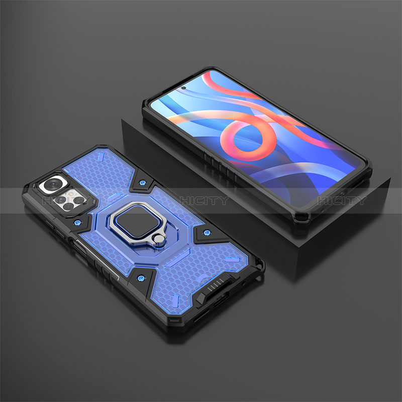 Silikon Hülle Handyhülle und Kunststoff Schutzhülle Hartschalen Tasche mit Magnetisch Fingerring Ständer KC3 für Xiaomi Redmi Note 11 4G (2022) Blau