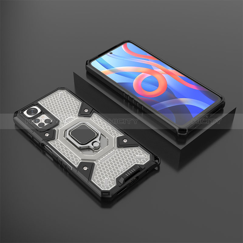 Silikon Hülle Handyhülle und Kunststoff Schutzhülle Hartschalen Tasche mit Magnetisch Fingerring Ständer KC3 für Xiaomi Redmi Note 11 4G (2022) Schwarz