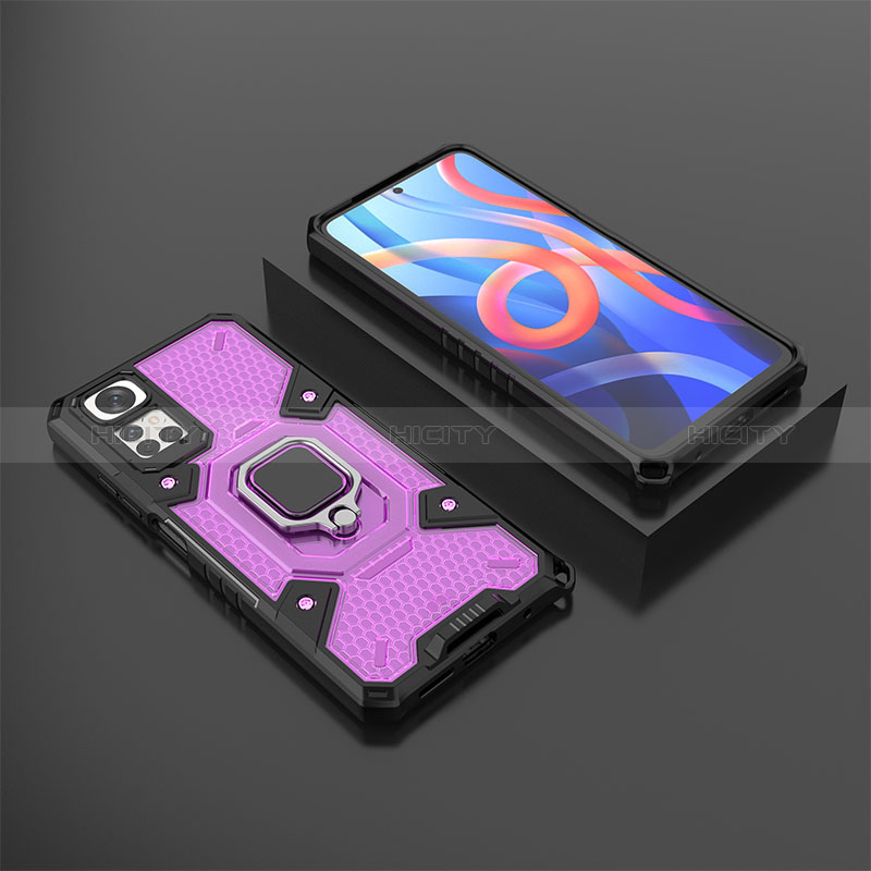 Silikon Hülle Handyhülle und Kunststoff Schutzhülle Hartschalen Tasche mit Magnetisch Fingerring Ständer KC3 für Xiaomi Redmi Note 11 4G (2022) Violett Plus