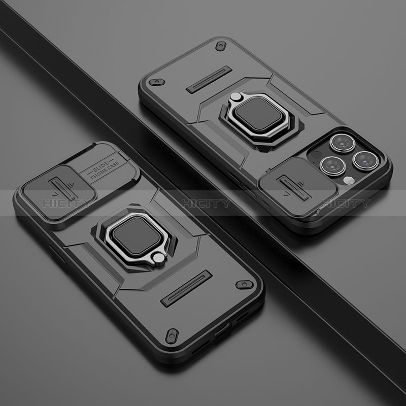 Silikon Hülle Handyhülle und Kunststoff Schutzhülle Hartschalen Tasche mit Magnetisch Fingerring Ständer KC4 für Apple iPhone 13 Pro Max Schwarz