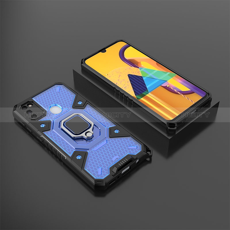 Silikon Hülle Handyhülle und Kunststoff Schutzhülle Hartschalen Tasche mit Magnetisch Fingerring Ständer KC4 für Samsung Galaxy M21 Blau Plus