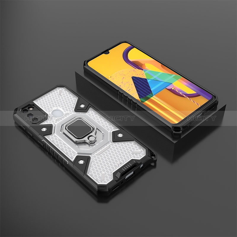 Silikon Hülle Handyhülle und Kunststoff Schutzhülle Hartschalen Tasche mit Magnetisch Fingerring Ständer KC4 für Samsung Galaxy M30s Weiß