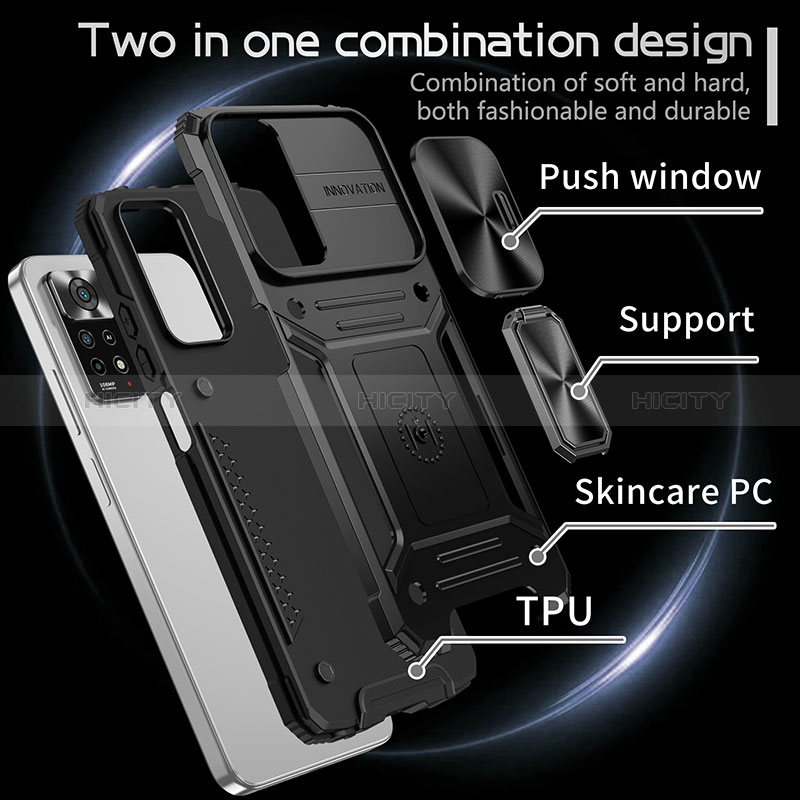 Silikon Hülle Handyhülle und Kunststoff Schutzhülle Hartschalen Tasche mit Magnetisch Fingerring Ständer M01Q für Xiaomi Redmi Note 11 Pro 4G