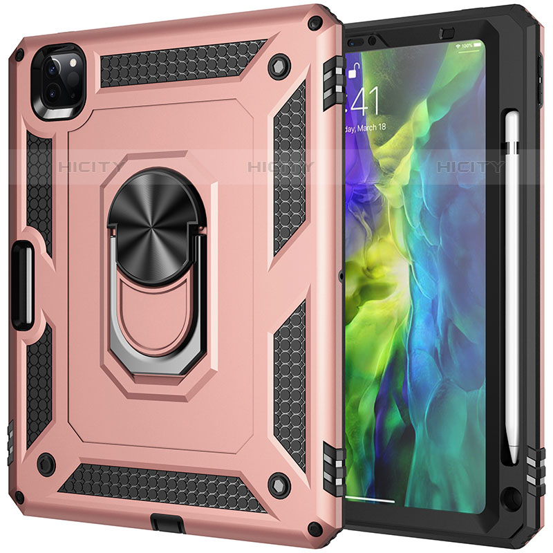 Silikon Hülle Handyhülle und Kunststoff Schutzhülle Hartschalen Tasche mit Magnetisch Fingerring Ständer MQ1 für Apple iPad Pro 11 (2020) Rosegold Plus